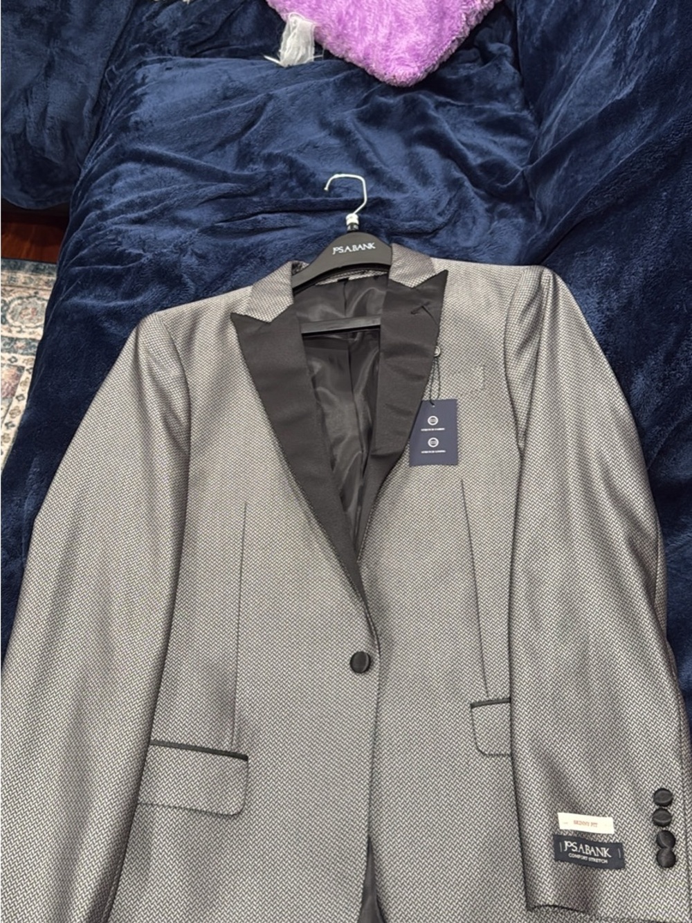 Jos A Bank Men's Silver-Gray Textured Tuxedo Blazer with Black Satin Lapel